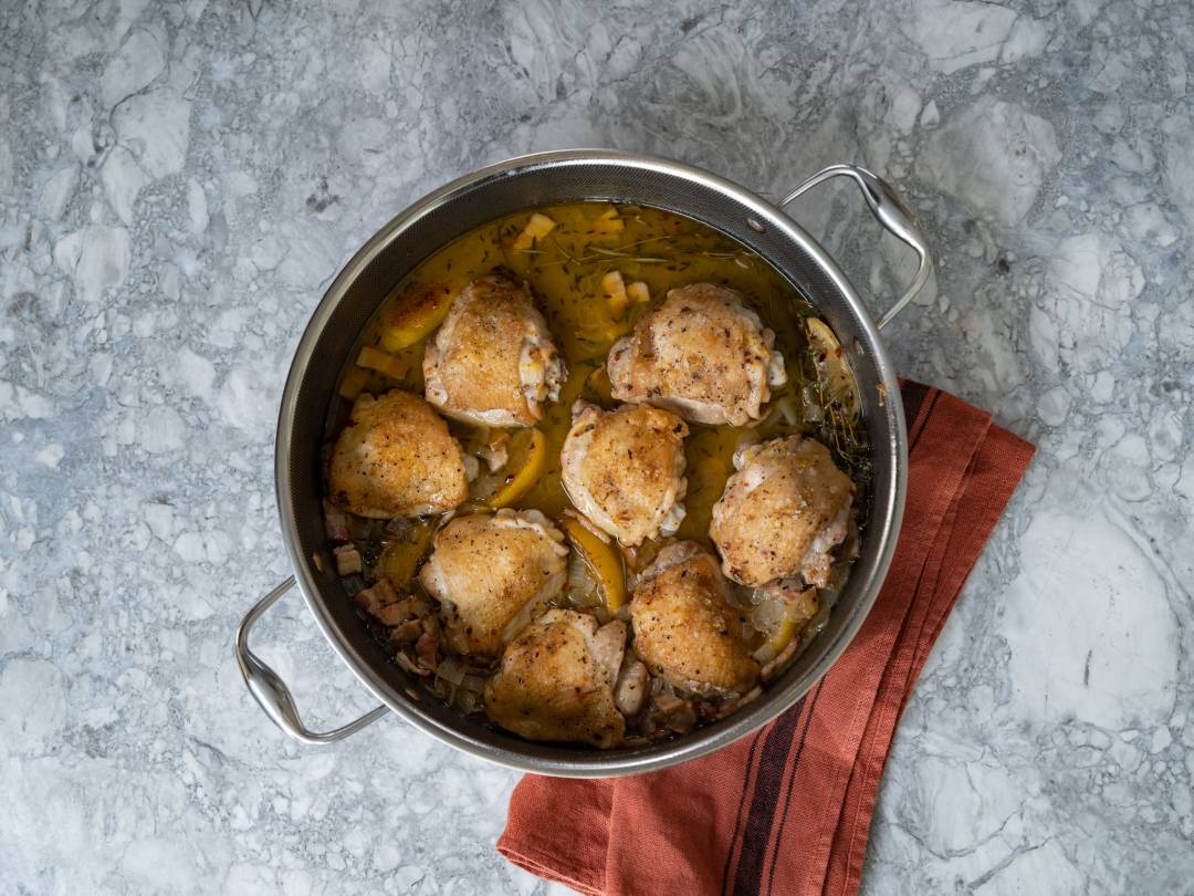 Holiday Lemon-Herb Chicken Thighs with a Crispy Bacon Gravy