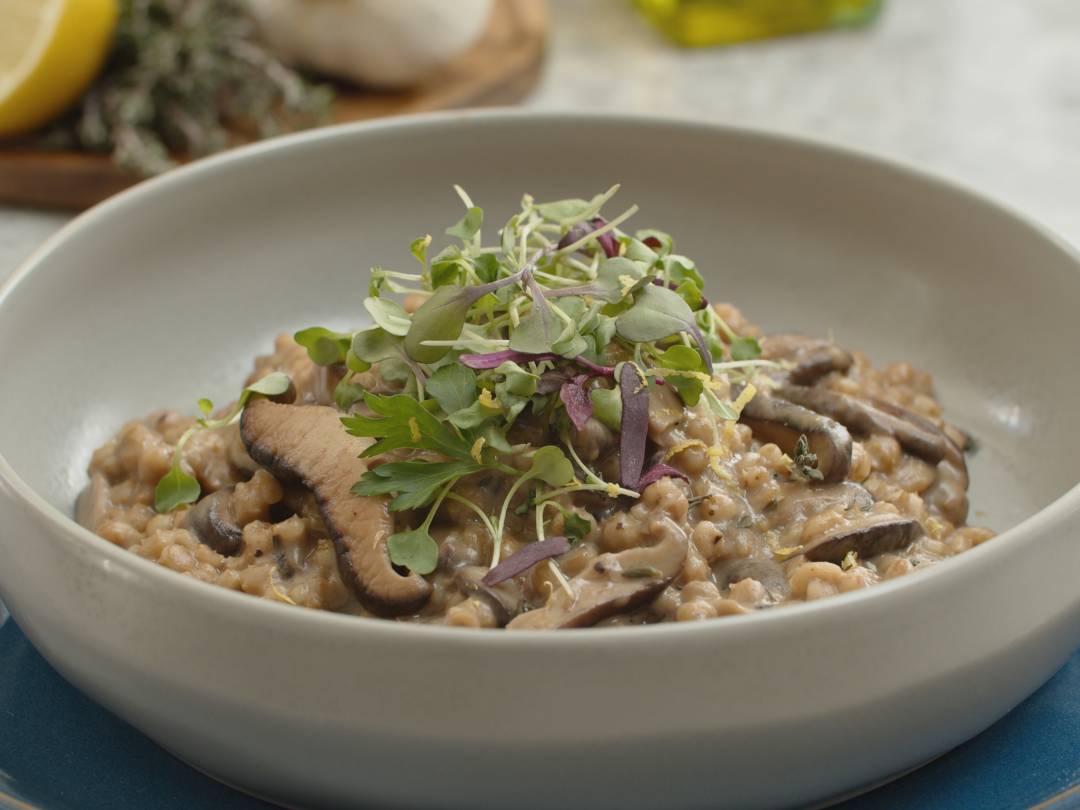 Mushroom Barley “Risotto” with Truffle Cheese, Herb and Microgreen Salad » Gordon  